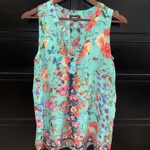 Tolani Floral Print Silk Sleeveless Blouse Pintuck Detail Size Large Garden
